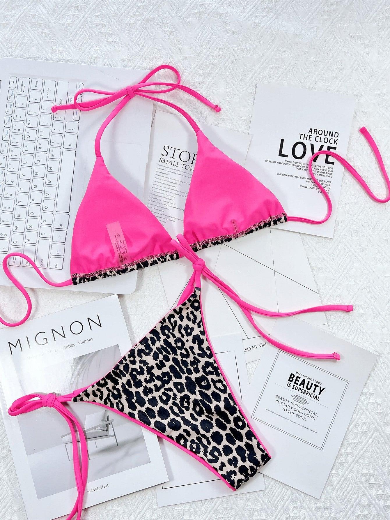 Leopard Print Halter Neck Tie Side Bikini Set - Clothes For Her Online Store