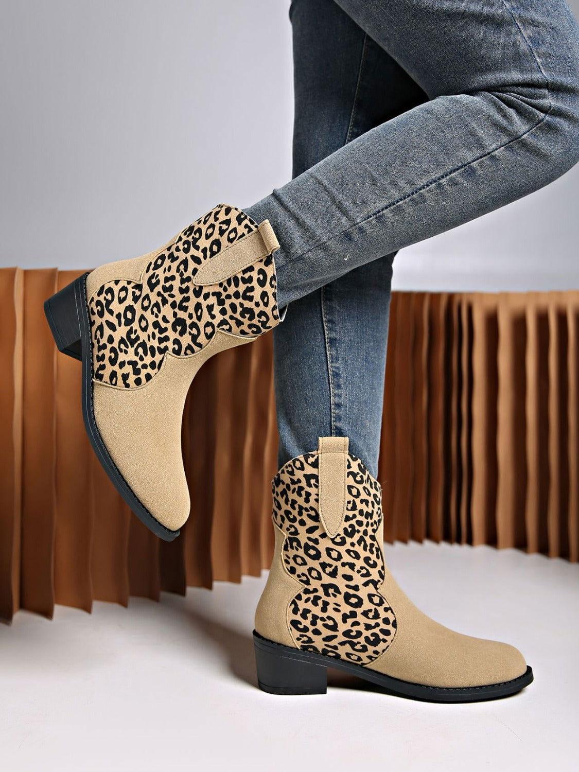 Leopard Suede Block Heel Boots - Clothes For Her Online Store