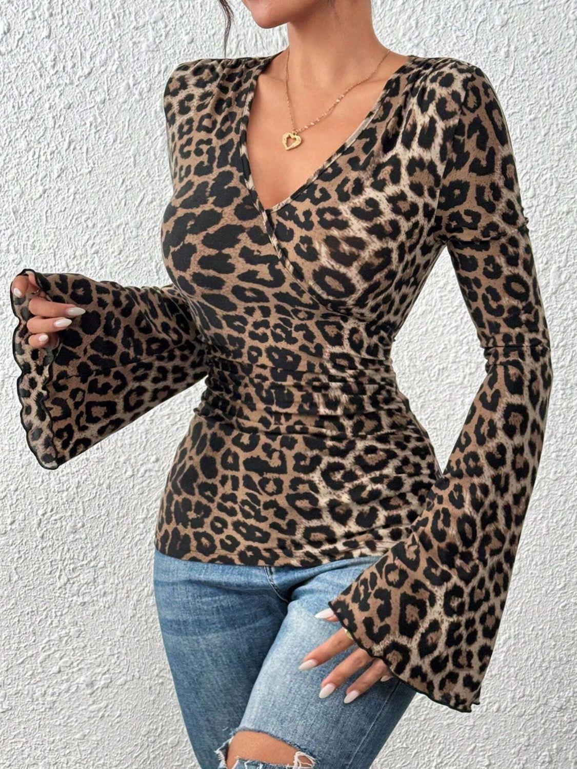 Leopard Surplice Flare Sleeve Top - Clothes For Her Online Store