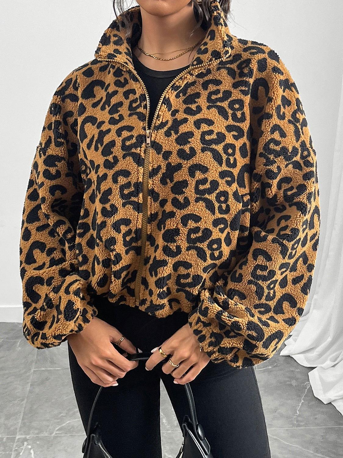 Leopard Zip Up Long Sleeve Jacket - Clothes For Her Online Store