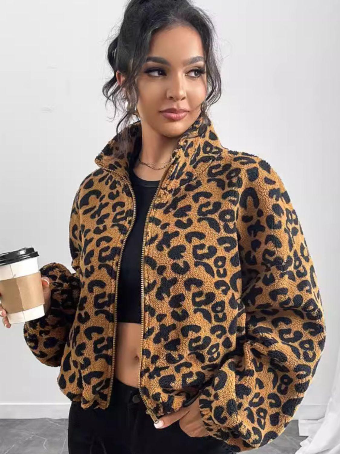 Leopard Zip Up Long Sleeve Jacket - Clothes For Her Online Store