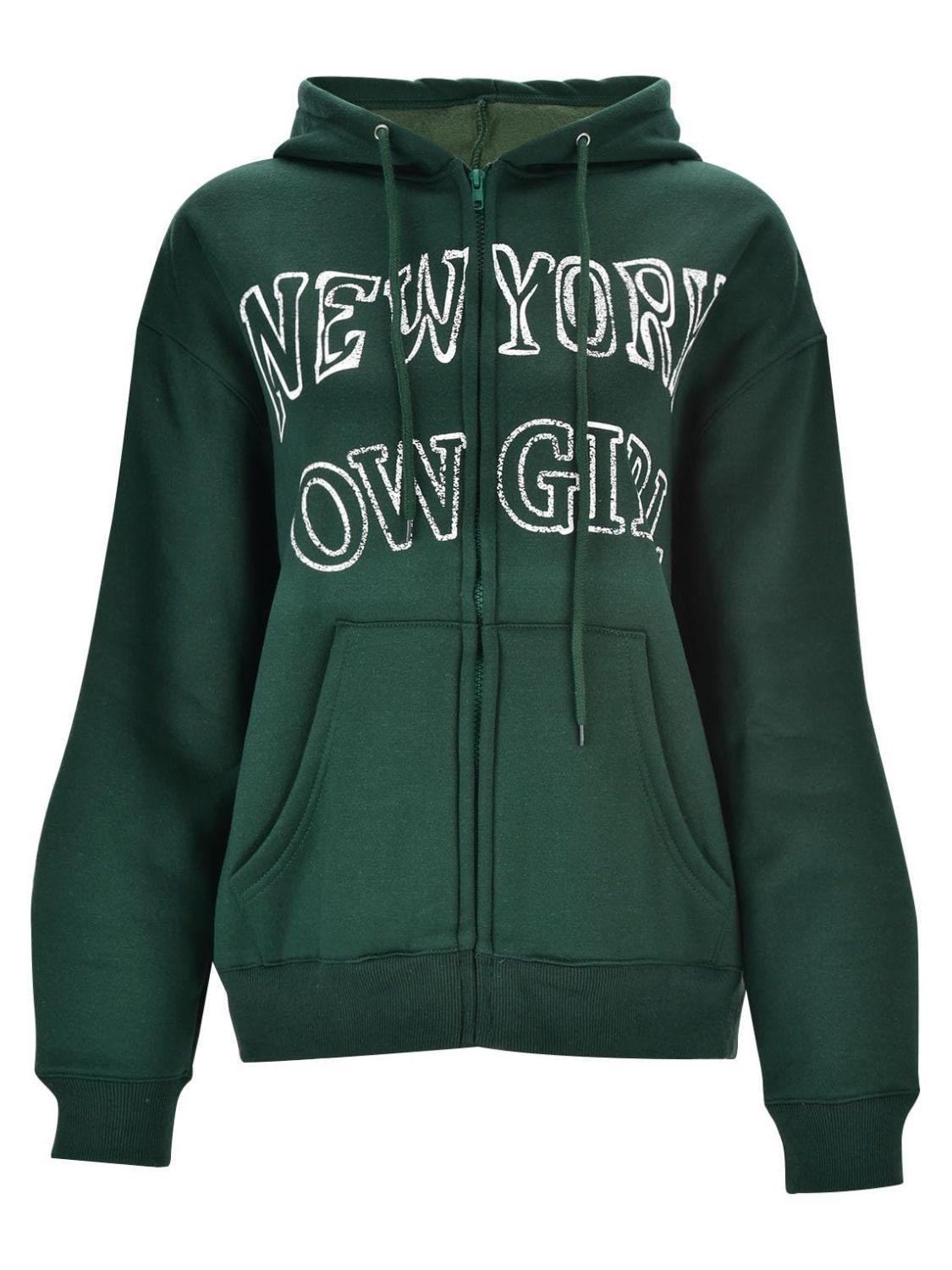 Letter Graphic Zip Up Long Sleeve Hooded Jacket - Clothes For Her Online Store