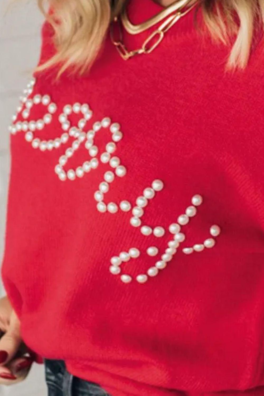 Letter Pearl Detail Round Neck Long Sleeve Sweater - Clothes For Her Online Store