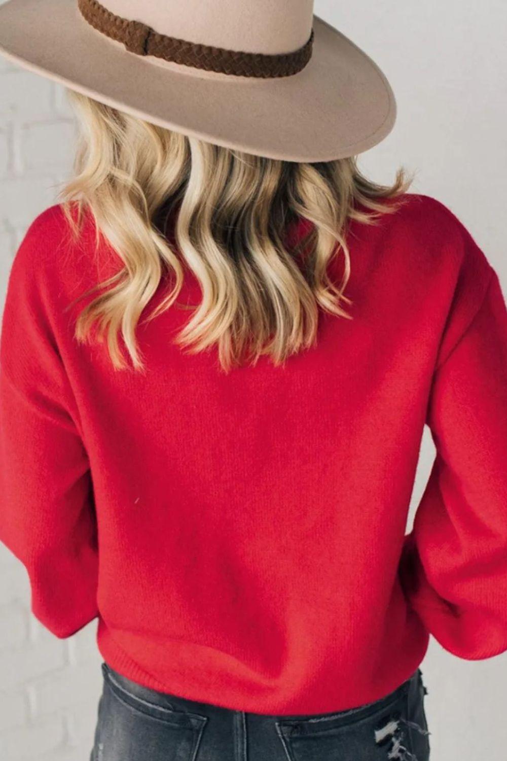 Letter Pearl Detail Round Neck Long Sleeve Sweater - Clothes For Her Online Store