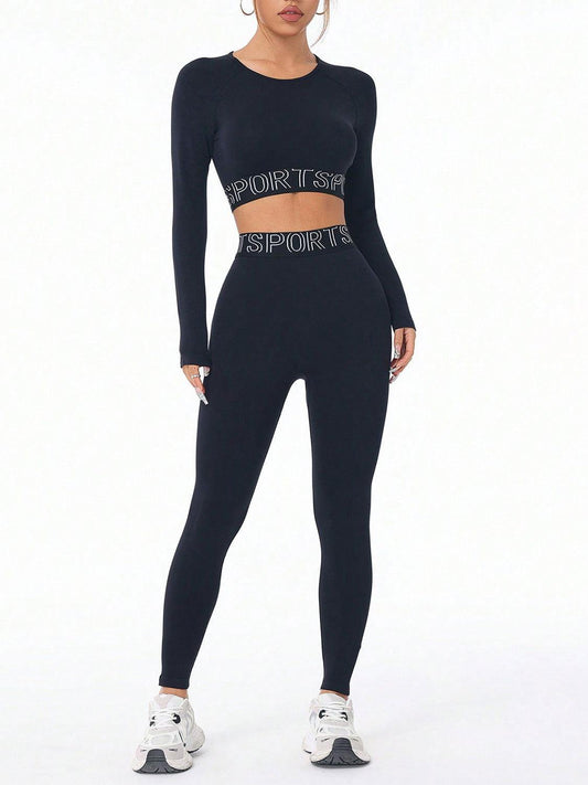 Letter Print Round Neck Long Sleeve Top and Leggings Active Set - Clothes For Her Online Store