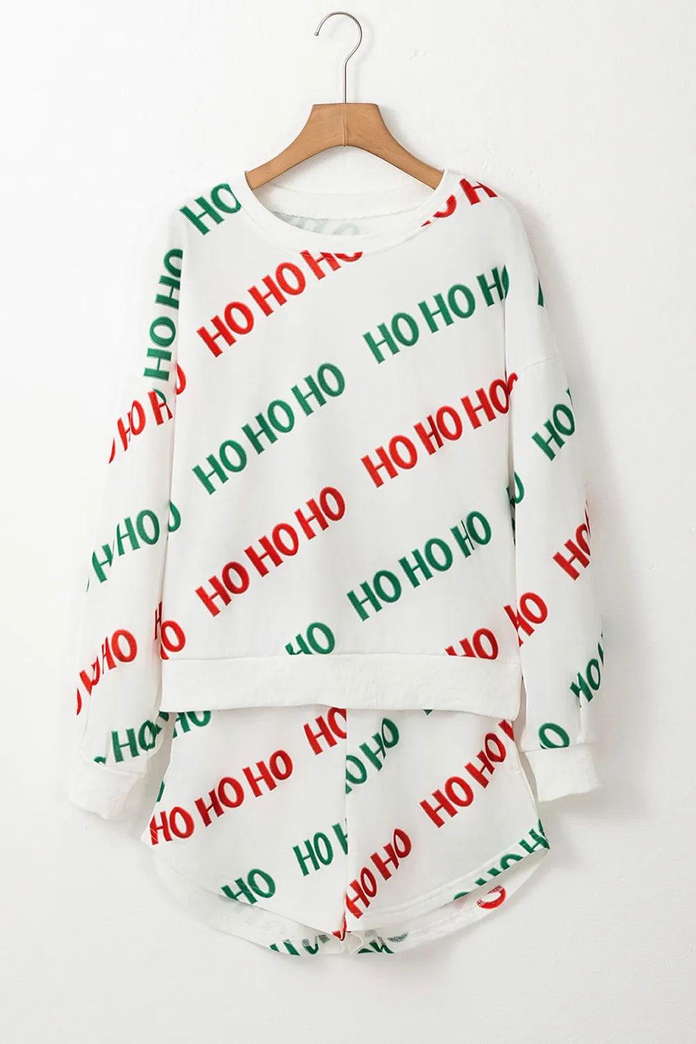 Letter Print Round Neck Long Sleeve Top and Shorts Set - Clothes For Her Online Store