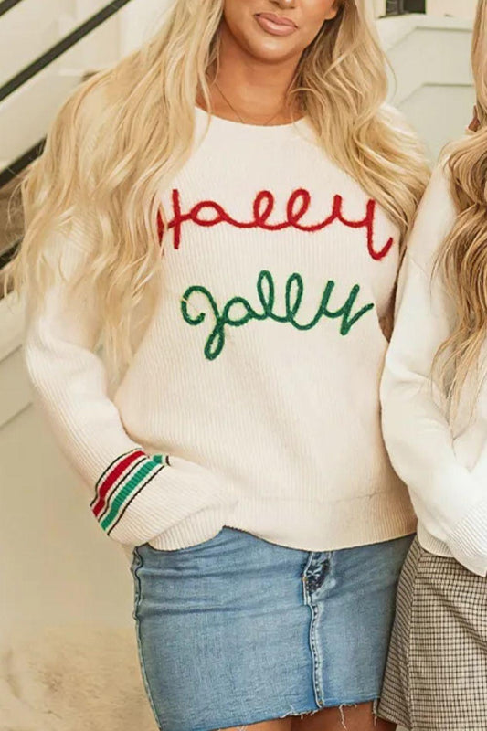 Letter Round Neck Long Sleeve Sweater - Clothes For Her Online Store