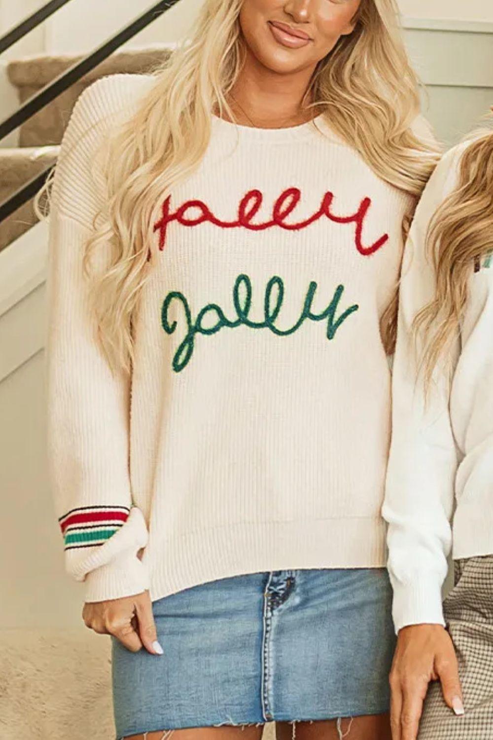 Letter Round Neck Long Sleeve Sweater - Clothes For Her Online Store