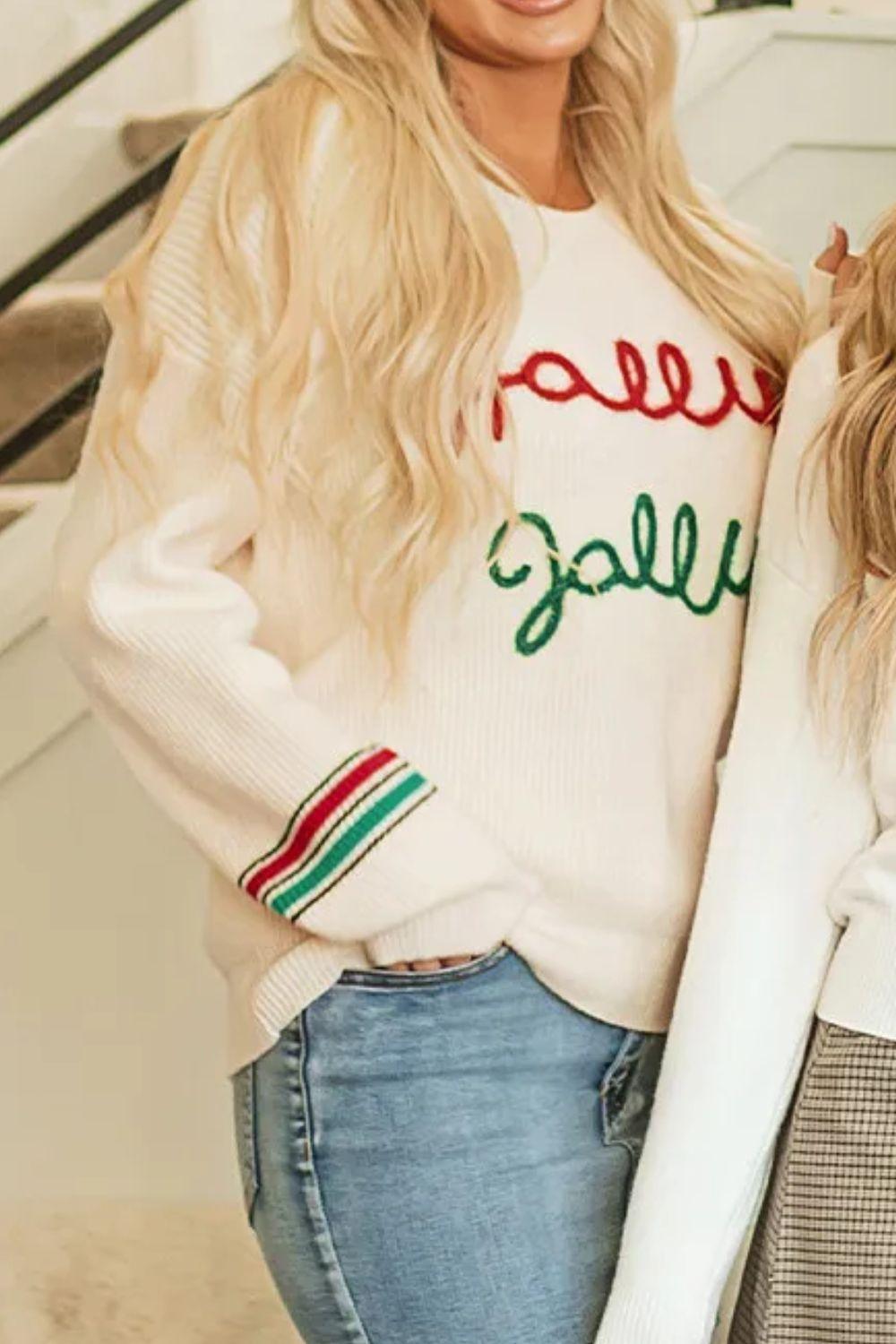 Letter Round Neck Long Sleeve Sweater - Clothes For Her Online Store