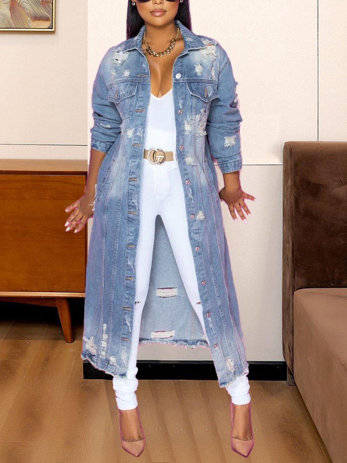 Long Sleeve Raw Hem Denim Jacket - Clothes For Her Online Store