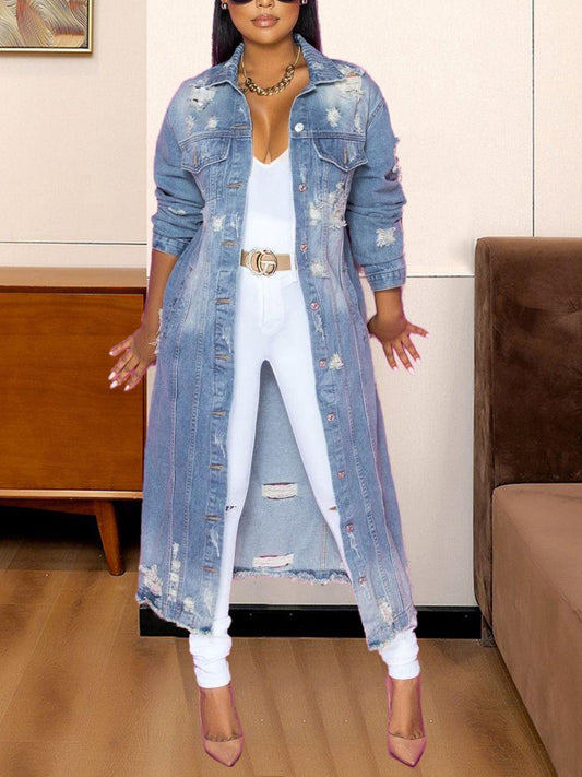 Long Sleeve Raw Hem Denim Jacket - Clothes For Her Online Store