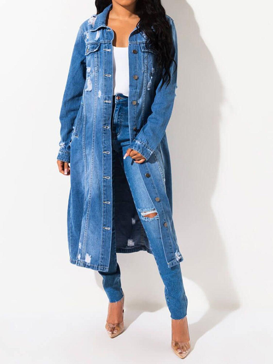 Long Sleeve Raw Hem Denim Jacket - Clothes For Her Online Store