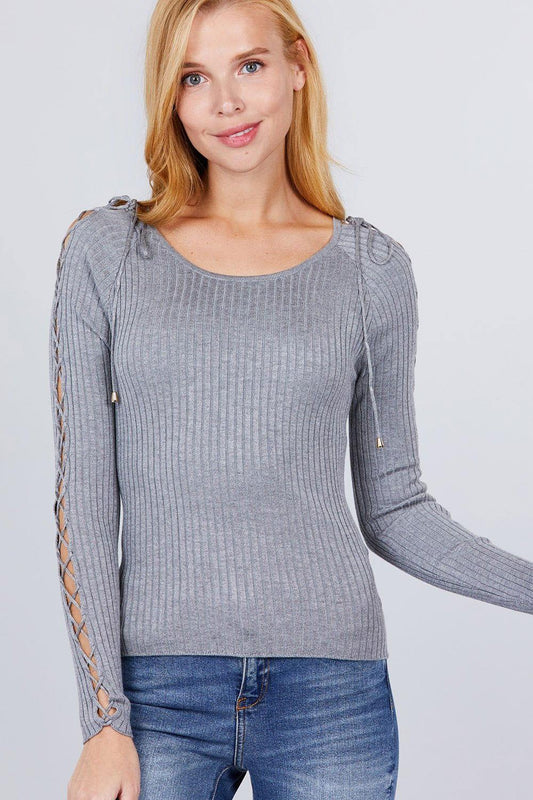 Long Sleeve W/strappy Detail Round Neck Rib Sweater Top - Clothes For Her Online Store