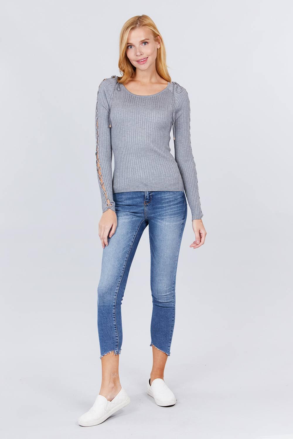 Long Sleeve W/strappy Detail Round Neck Rib Sweater Top - Clothes For Her Online Store