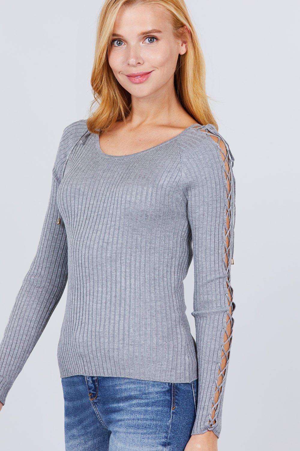 Long Sleeve W/strappy Detail Round Neck Rib Sweater Top - Clothes For Her Online Store