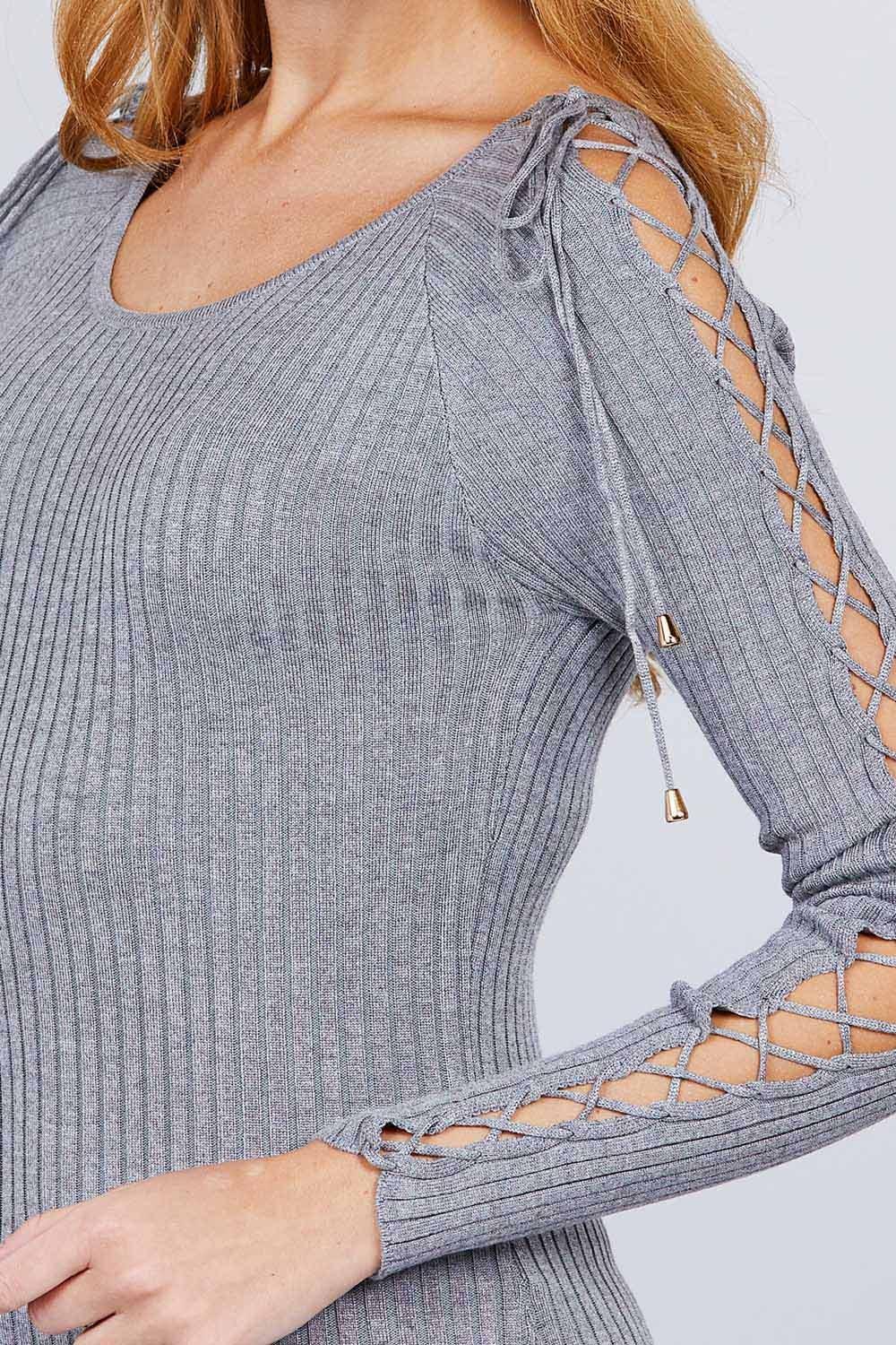 Long Sleeve W/strappy Detail Round Neck Rib Sweater Top - Clothes For Her Online Store