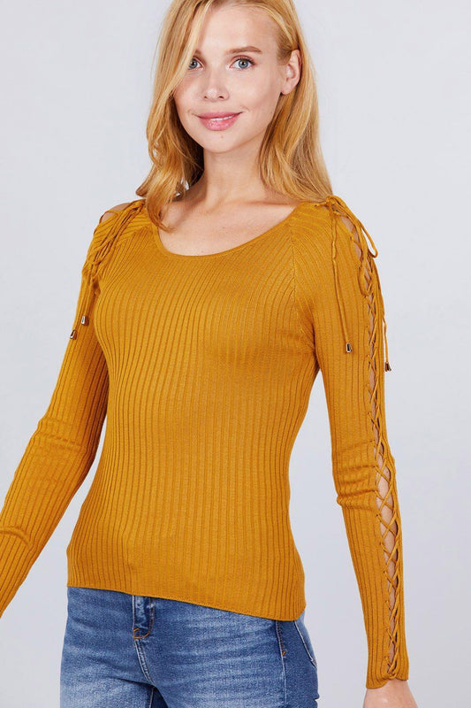 Long Sleeve W/strappy Detail Round Neck Rib Sweater Top - Clothes For Her Online Store