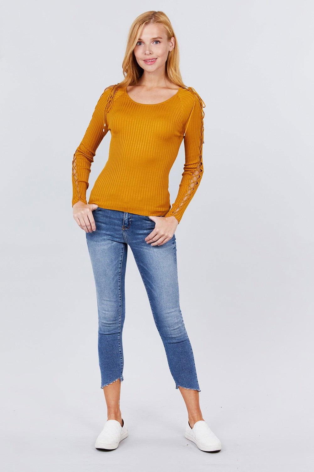 Long Sleeve W/strappy Detail Round Neck Rib Sweater Top - Clothes For Her Online Store