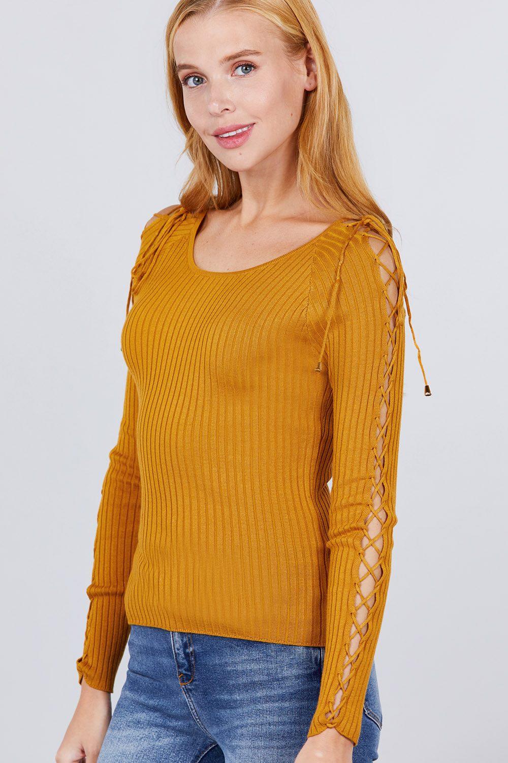Long Sleeve W/strappy Detail Round Neck Rib Sweater Top - Clothes For Her Online Store