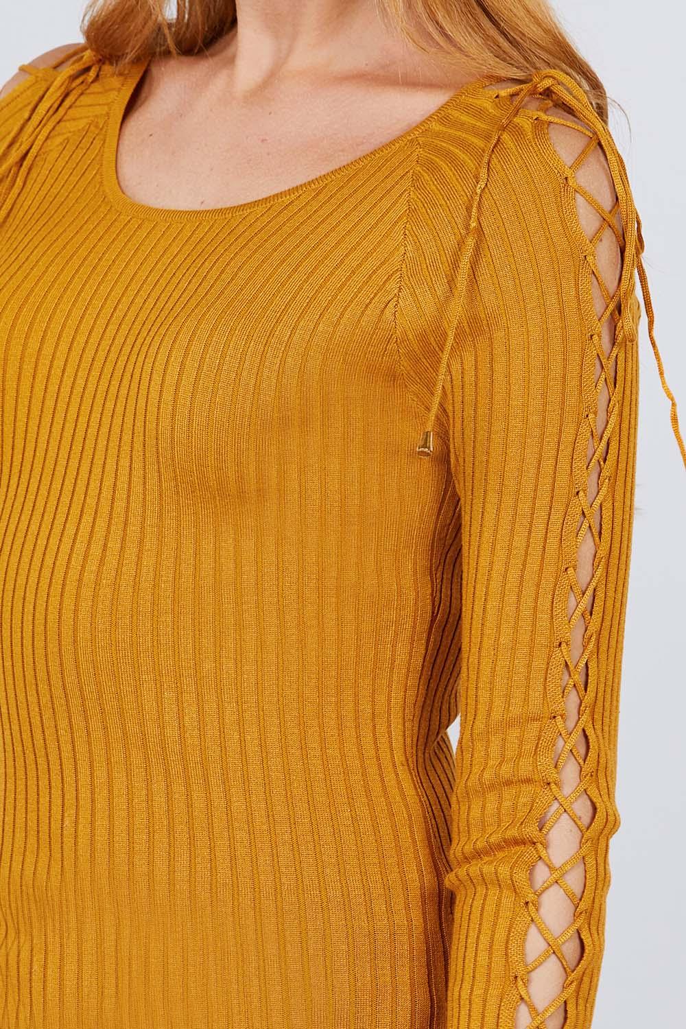Long Sleeve W/strappy Detail Round Neck Rib Sweater Top - Clothes For Her Online Store