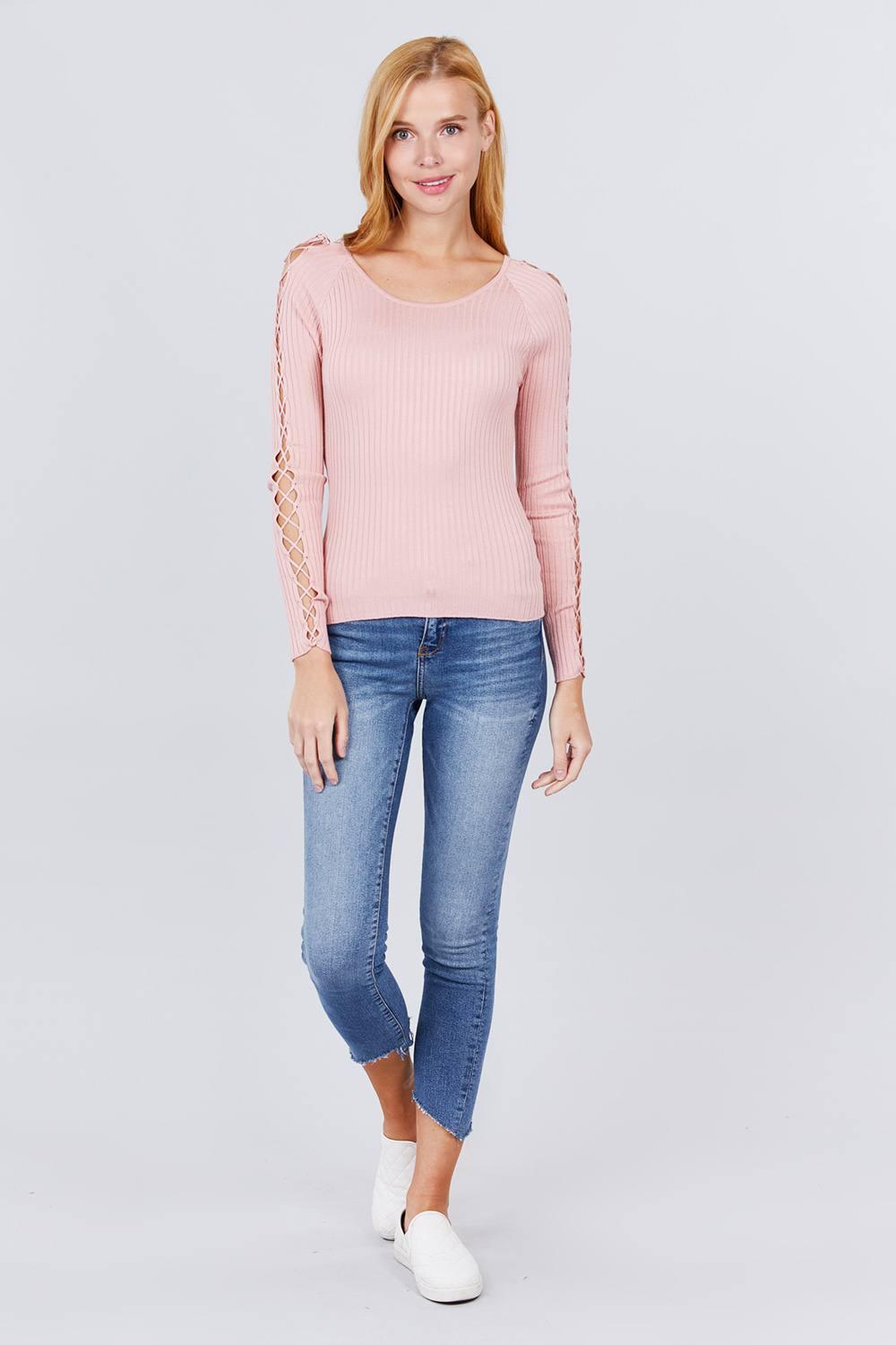 Long Sleeve W/strappy Detail Round Neck Rib Sweater Top - Clothes For Her Online Store