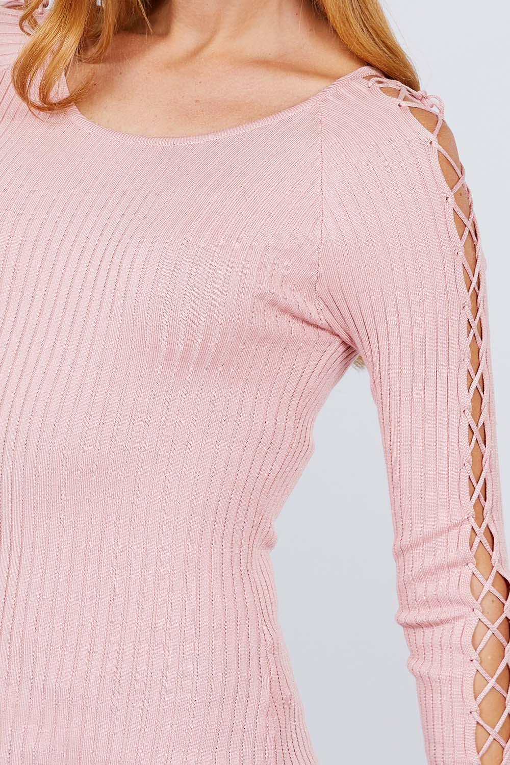 Long Sleeve W/strappy Detail Round Neck Rib Sweater Top - Clothes For Her Online Store