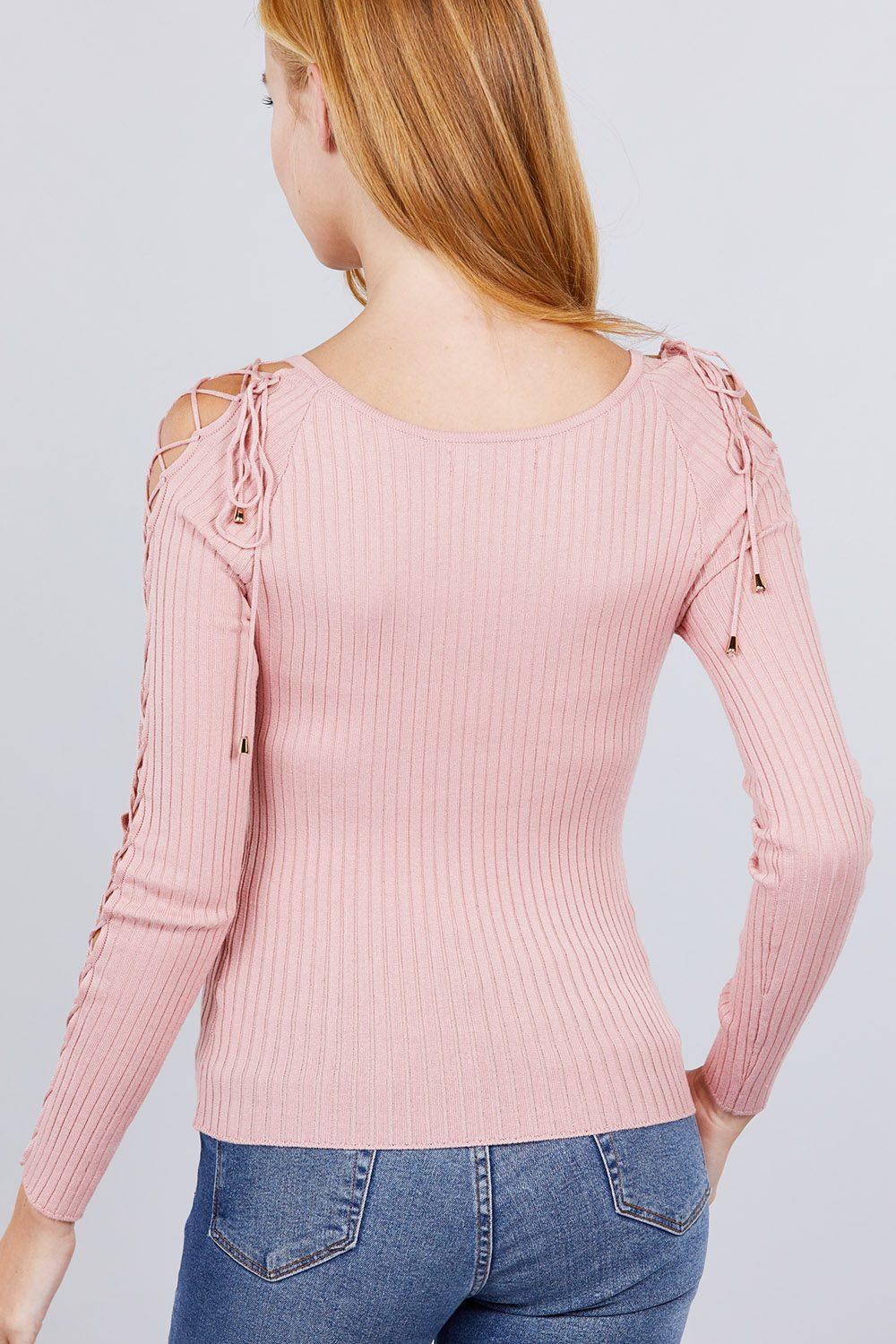 Long Sleeve W/strappy Detail Round Neck Rib Sweater Top - Clothes For Her Online Store