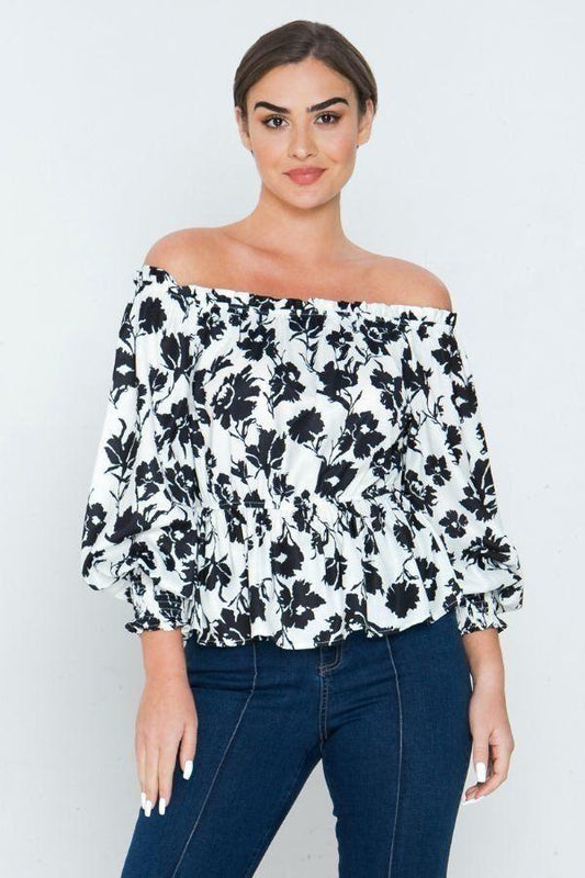 Long Sleeves Off Shoulder Neckline Printed Shirt - Clothes For Her Online Store