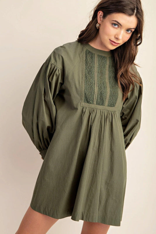 Long sleeve mini dress with lace detail - Clothes For Her Online Store