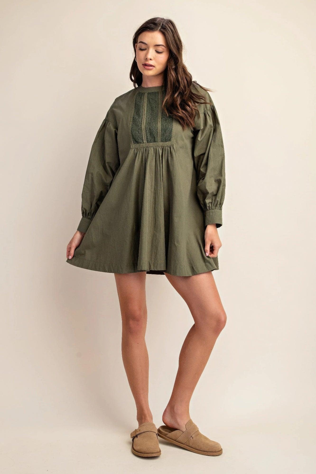 Long sleeve mini dress with lace detail - Clothes For Her Online Store