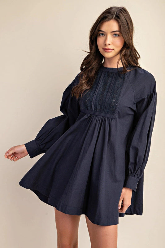 Long sleeve mini dress with lace detail - Clothes For Her Online Store