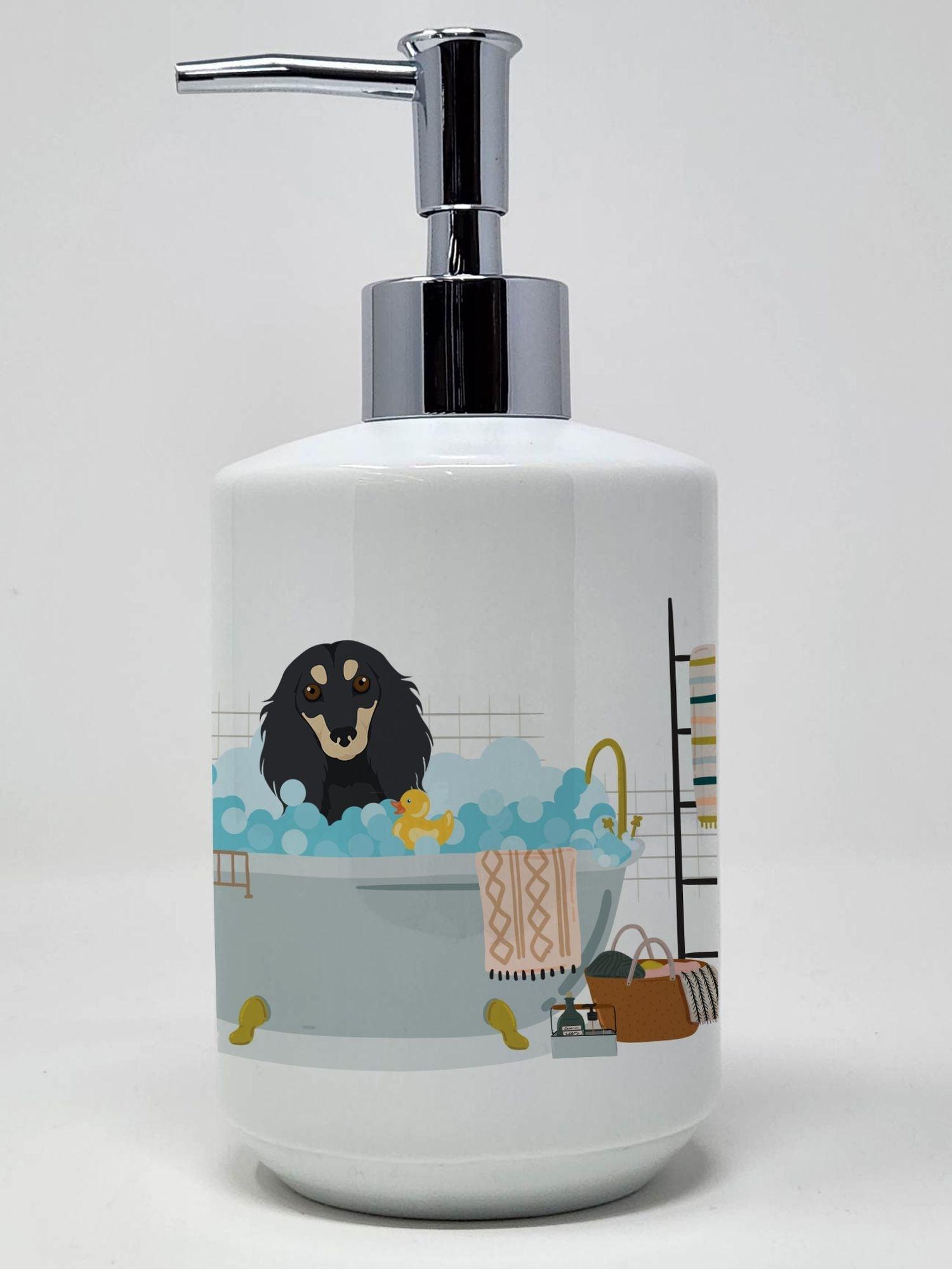 Longhair Black and Cream Dachshund Ceramic Soap Dispenser Hand Soap Dispenser Pump Bottles for Bathroom Kitchen, Empty Refillable Liquid Soap Container - Clothes For Her Online Store