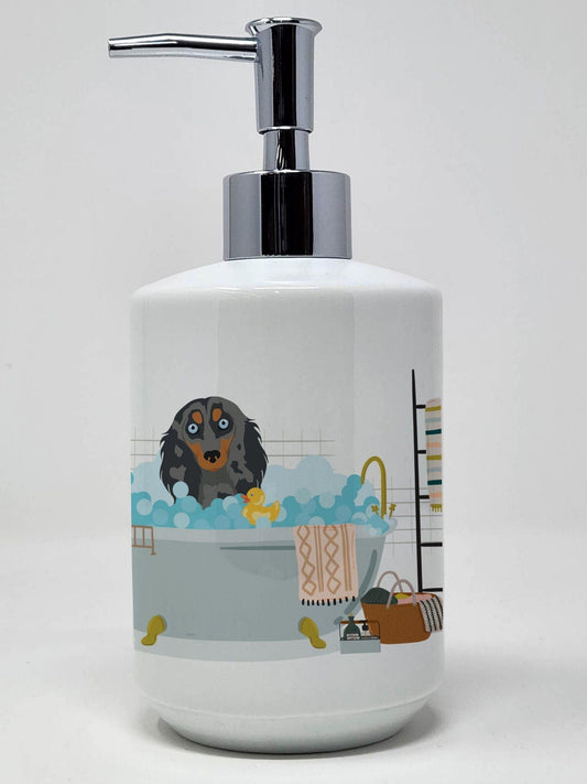 Longhair Blue and Tan Dapple Dachshund Ceramic Soap Dispenser Hand Soap Dispenser Pump Bottles for Bathroom Kitchen, Empty Refillable Liquid Soap Container - Clothes For Her Online Store