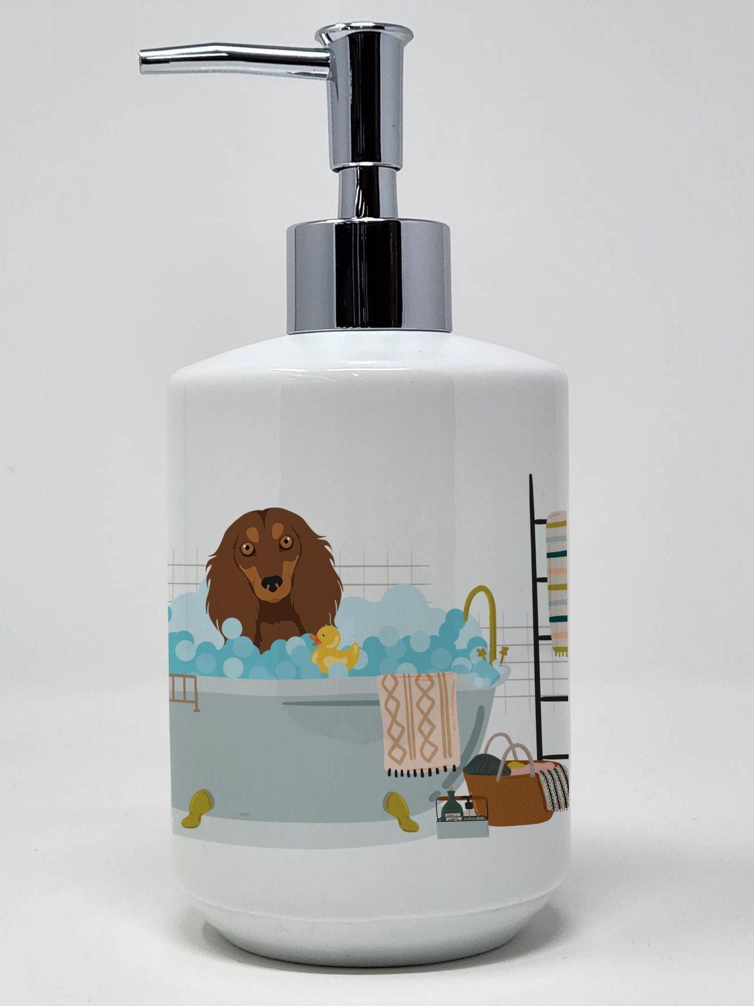 Longhair Chocolate and Tan Dachshund Ceramic Soap Dispenser Hand Soap Dispenser Pump Bottles for Bathroom Kitchen, Empty Refillable Liquid Soap Container - Clothes For Her Online Store