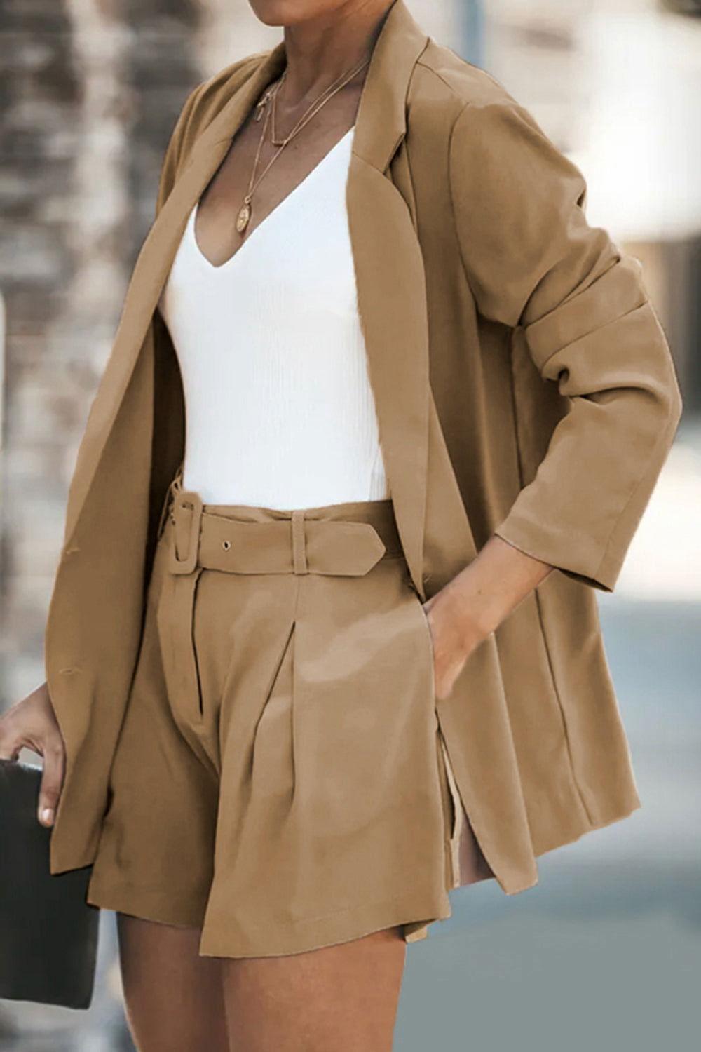 Longline Blazer and Shorts Set with Pockets - Clothes For Her Online Store