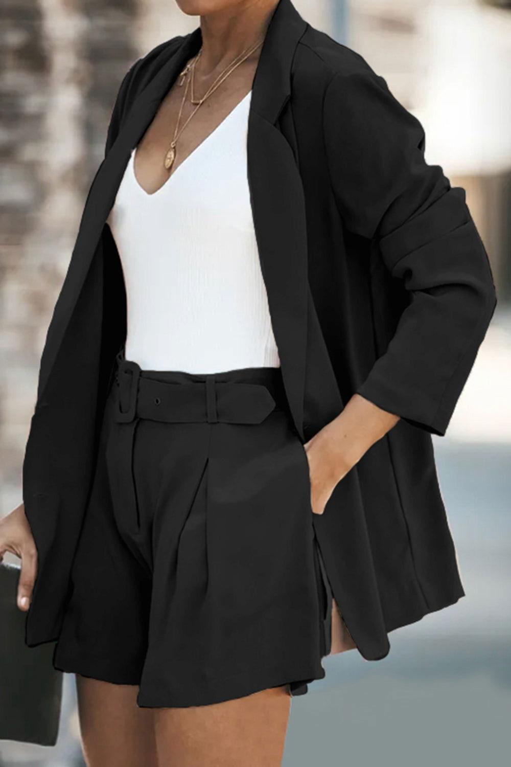 Longline Blazer and Shorts Set with Pockets - Clothes For Her Online Store