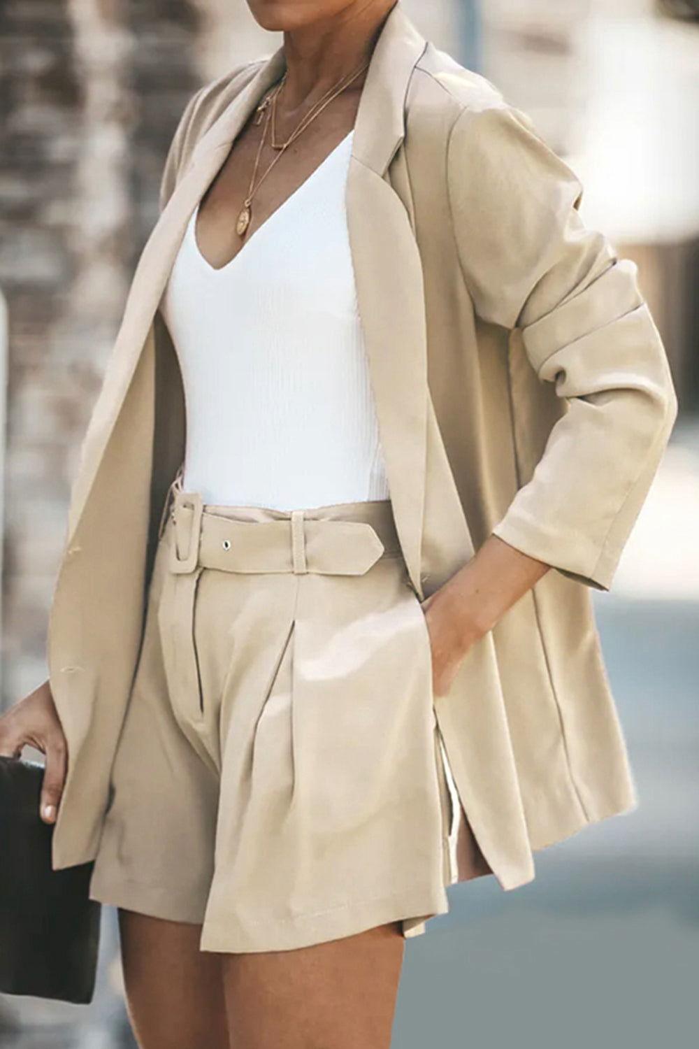 Longline Blazer and Shorts Set with Pockets - Clothes For Her Online Store