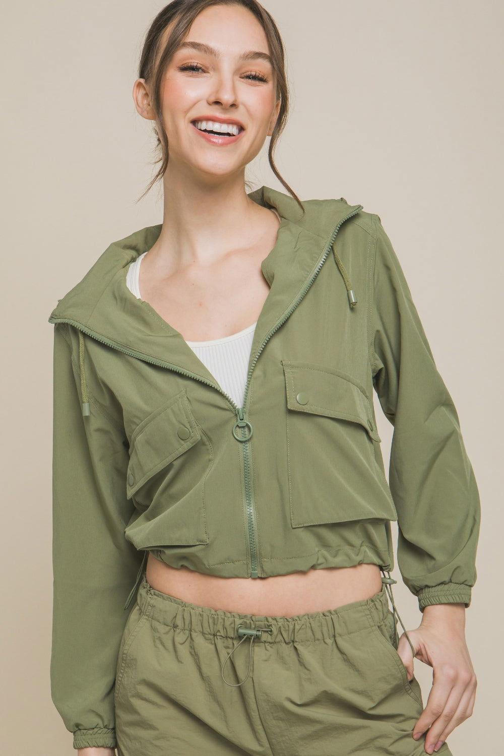 Love Tree Drawstring Hem Hooded Zip-Up Jacket - Clothes For Her Online Store