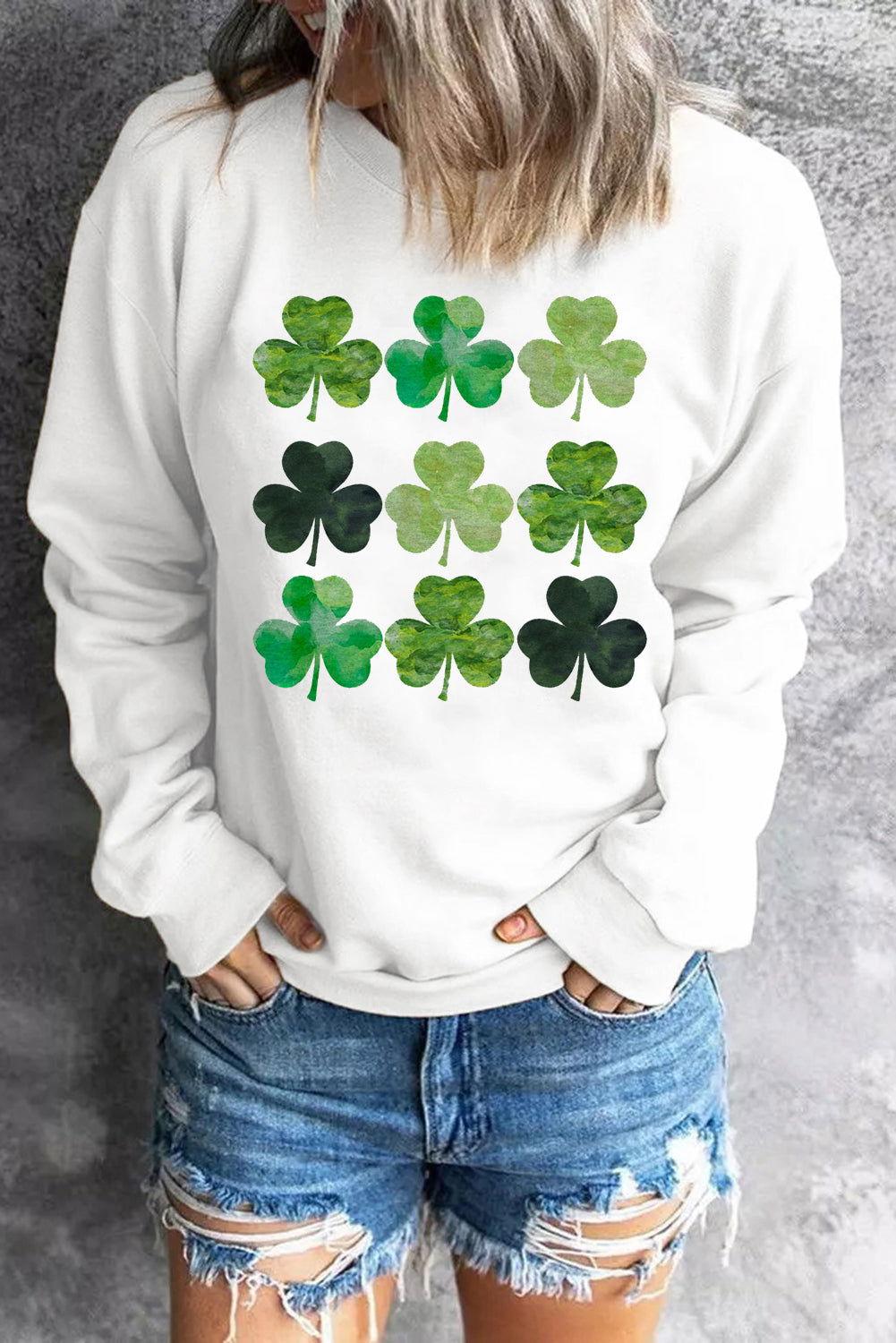 Lucky Clover Round Neck Dropped Shoulder Sweatshirt - Clothes For Her Online Store