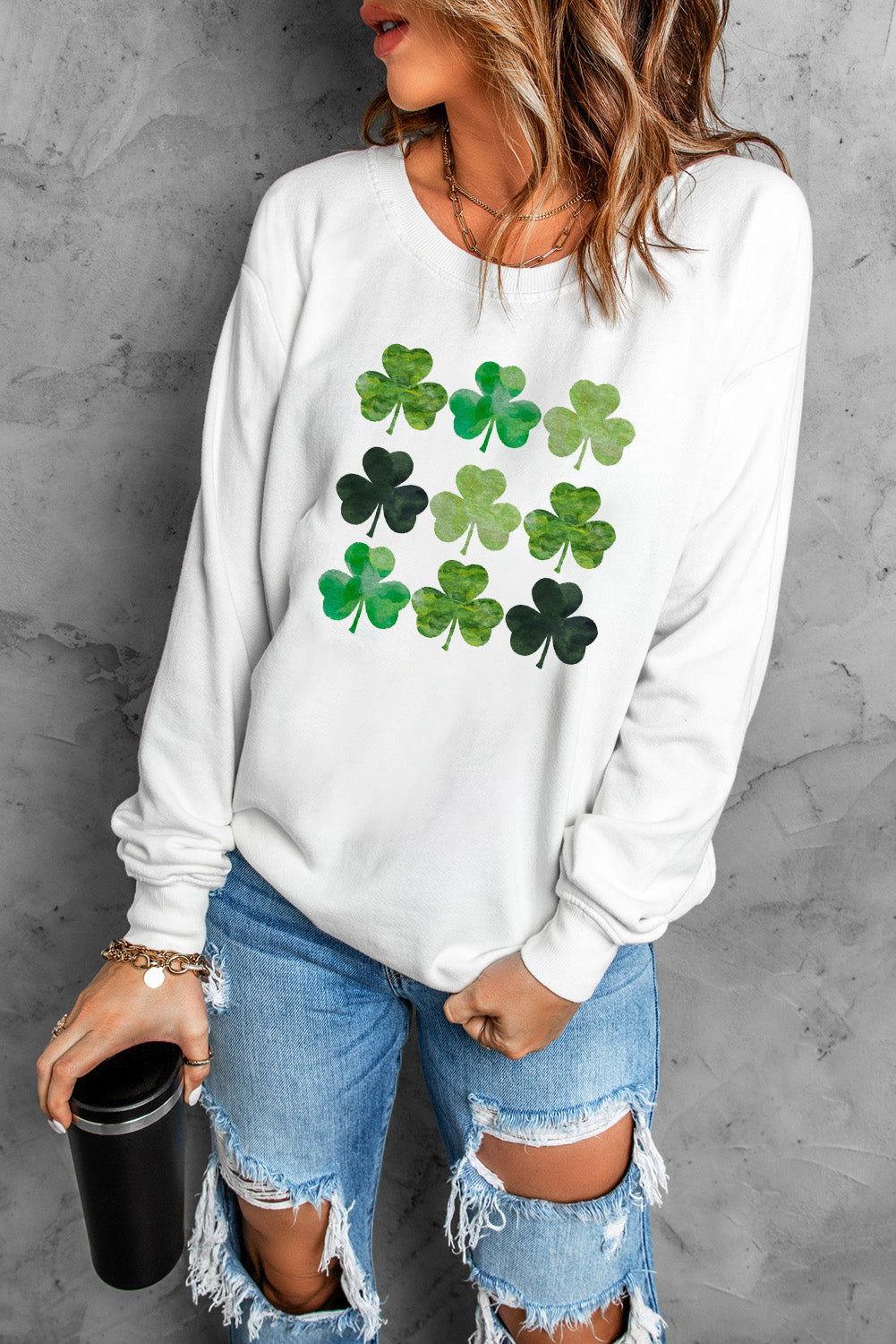 Lucky Clover Round Neck Dropped Shoulder Sweatshirt - Clothes For Her Online Store