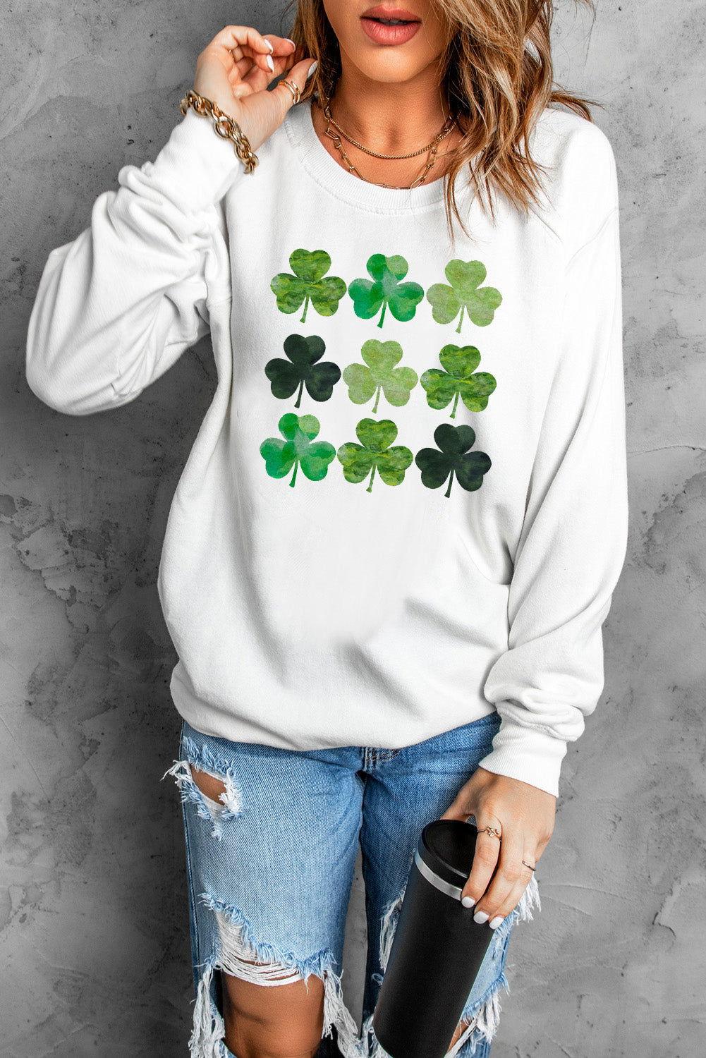 Lucky Clover Round Neck Dropped Shoulder Sweatshirt - Clothes For Her Online Store