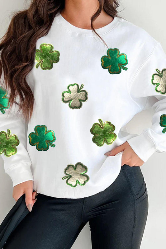 Lucky Clover Round Neck Long Sleeve Sweatshirt - Clothes For Her Online Store