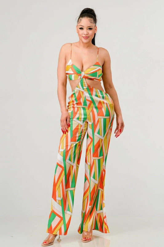 Luxe geo print satin bra top and palazzo jumpsuit - Clothes For Her Online Store