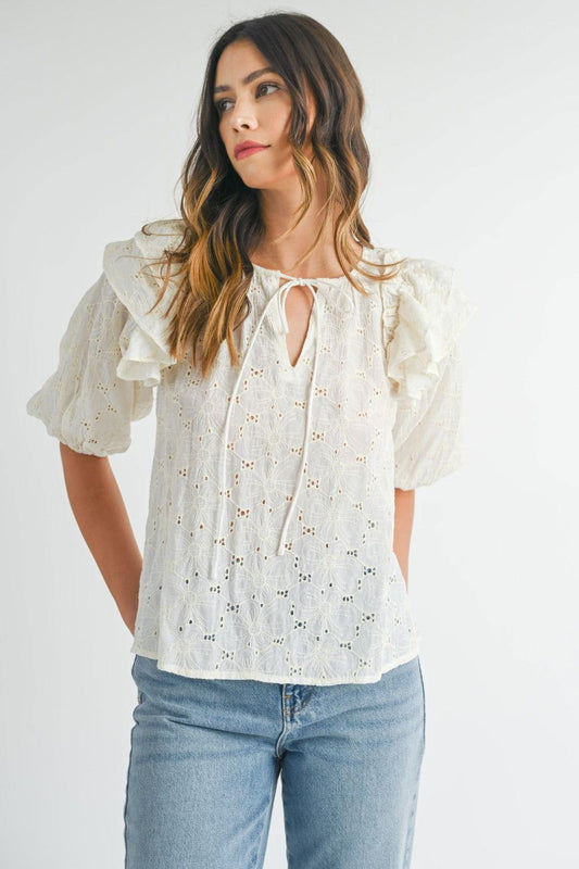 MABLE Eyelet Lace Ruffle Shoulder Puff Sleeve Blouse - Clothes For Her Online Store