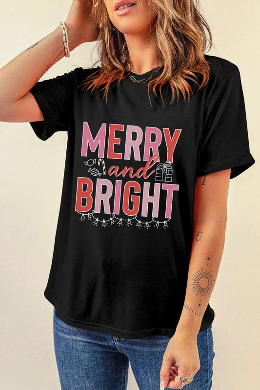 MERRY AND BRIGHT Round Neck Short Sleeve T-Shirt - Clothes For Her Online Store
