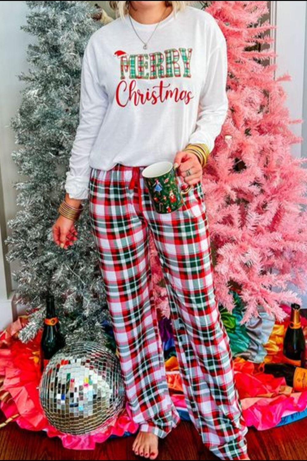 MERRY CHRISTMAS Round Neck Top and Plaid Pants Set - Clothes For Her Online Store