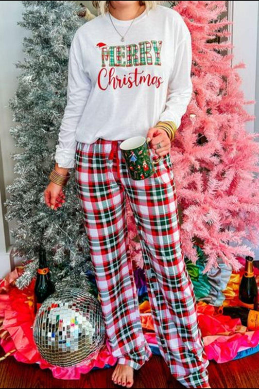 MERRY CHRISTMAS Round Neck Top and Plaid Pants Set - Clothes For Her Online Store