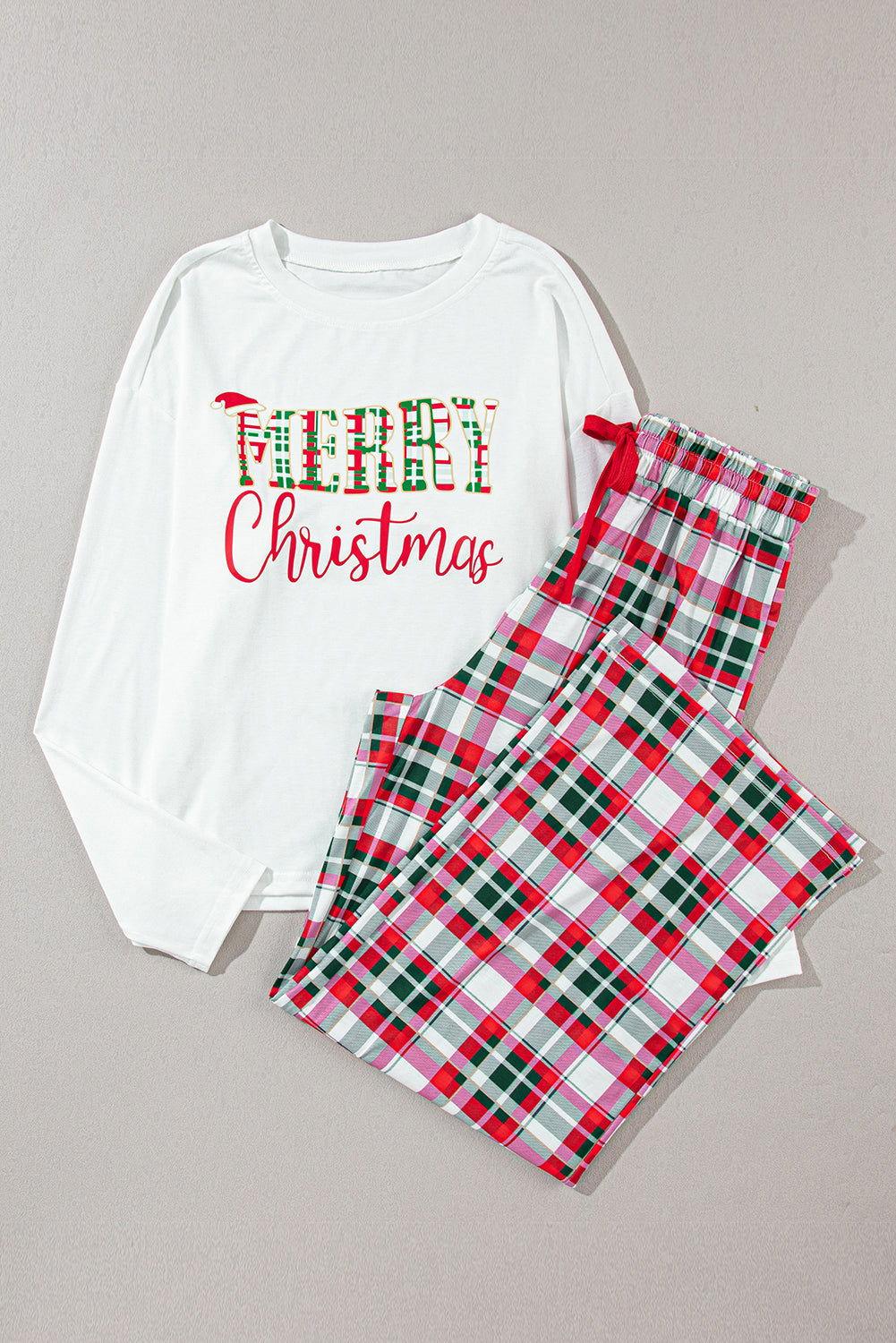 MERRY CHRISTMAS Round Neck Top and Plaid Pants Set - Clothes For Her Online Store