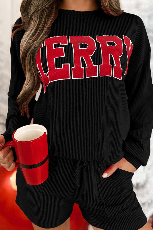 MERRY Round Neck Long Sleeve Top and Shorts Set - Clothes For Her Online Store