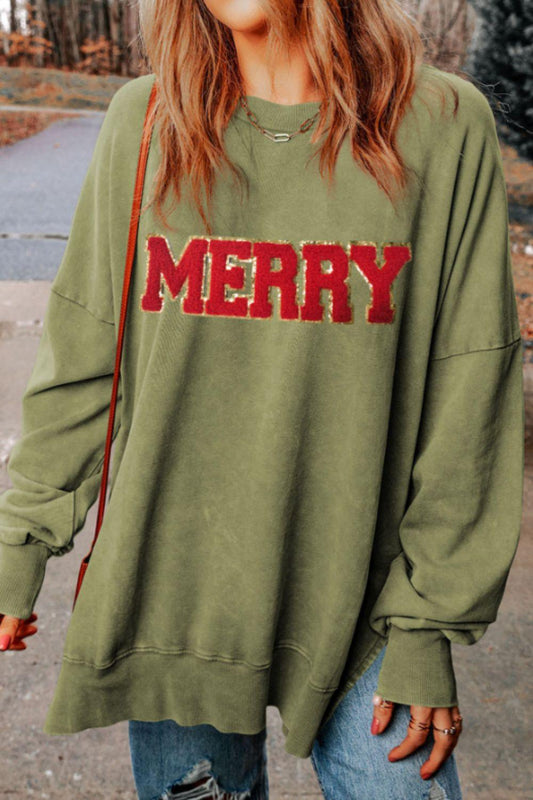 MERRY Side Slit Long Sleeve Sweatshirt - Clothes For Her Online Store